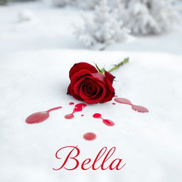 A beautiful red rose lying on white snow, with splashes of blood around the petals creating a striking contrast