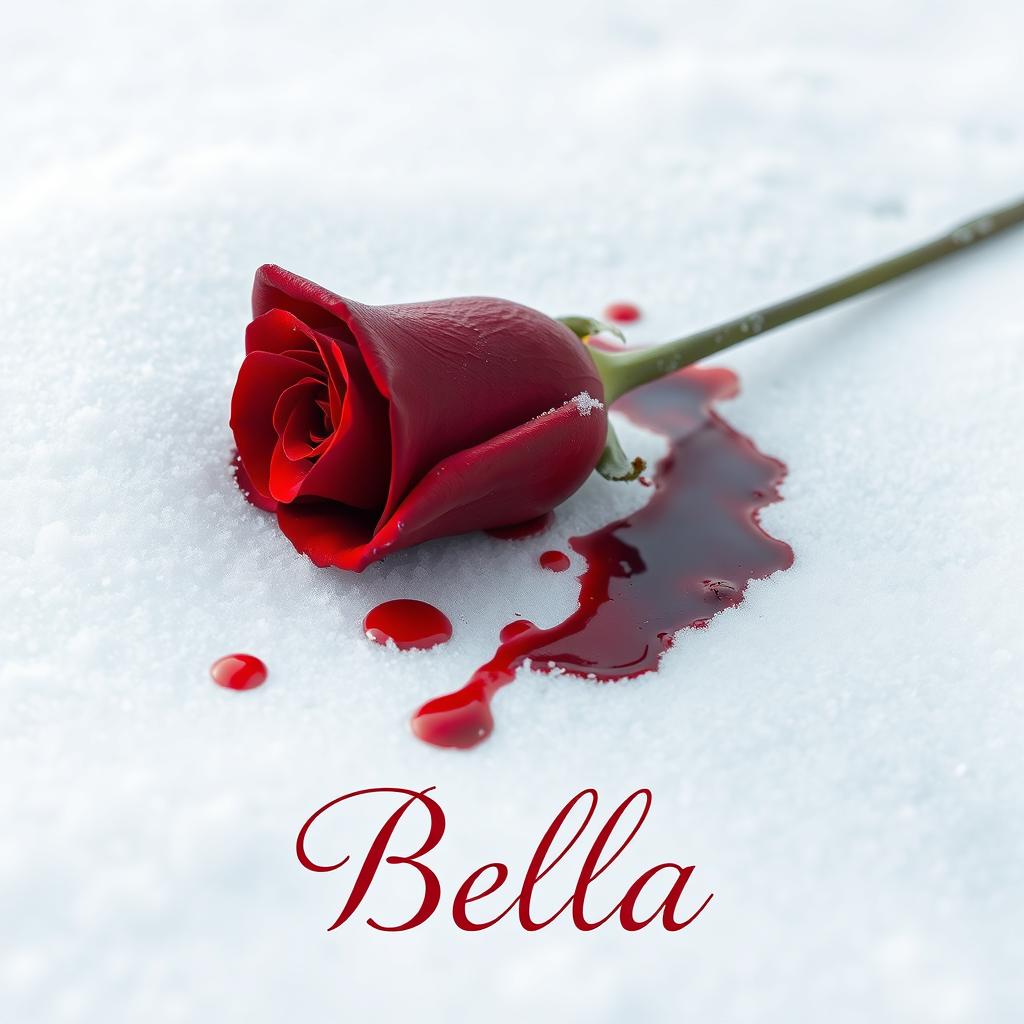 A beautiful red rose lying on white snow, with splashes of blood around the petals creating a striking contrast