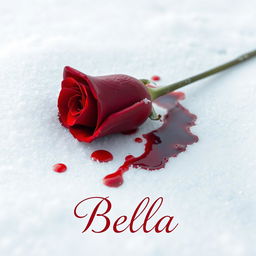 A beautiful red rose lying on white snow, with splashes of blood around the petals creating a striking contrast