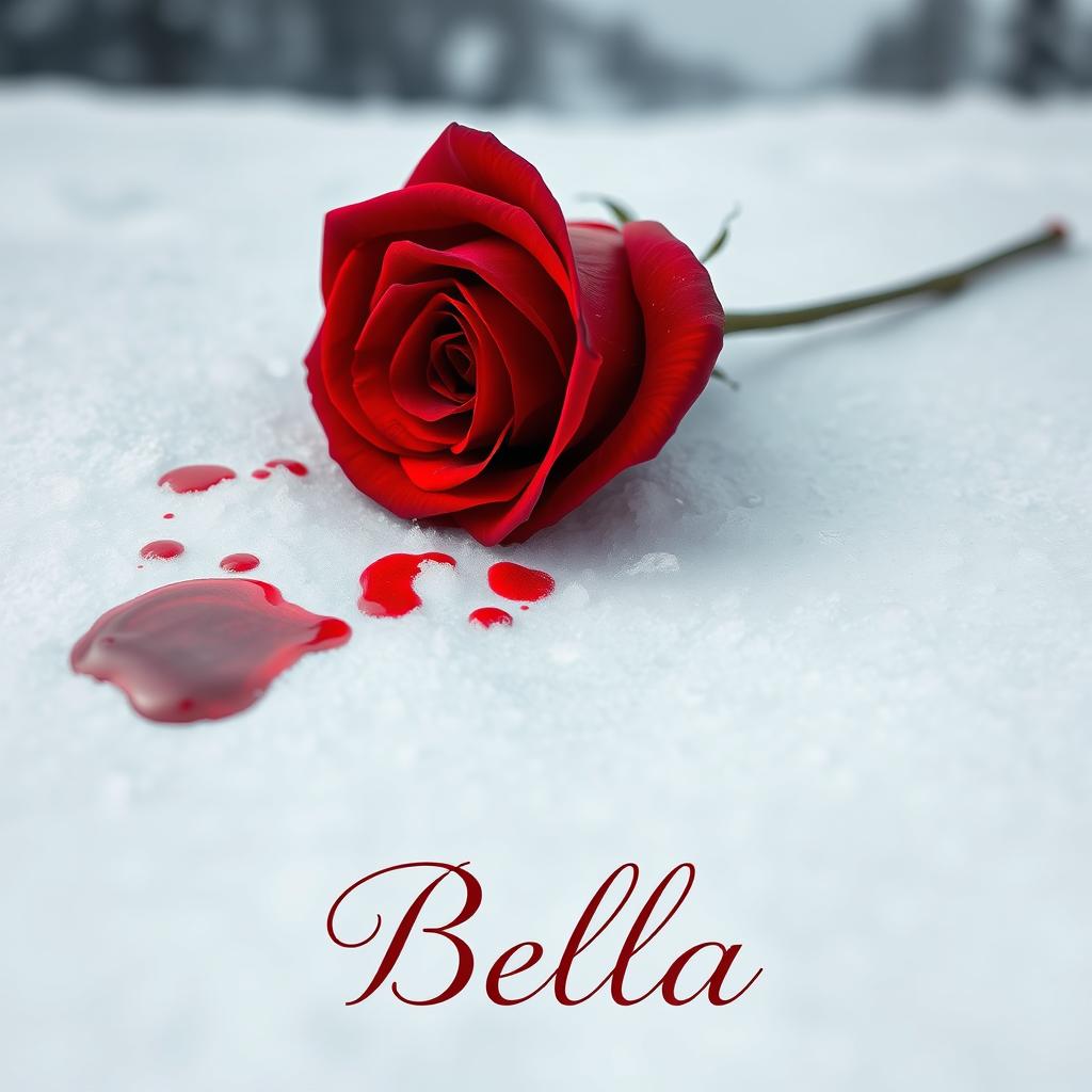 A beautiful red rose lying on white snow, with splashes of blood around the petals creating a striking contrast