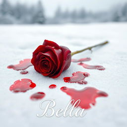 A beautiful red rose lying on white snow, with splashes of blood around the petals creating a striking contrast