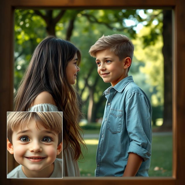 A scene depicting a girl and a boy emotionally separating from each other, showcasing their expressions of sadness and longing, framed in a vertical format