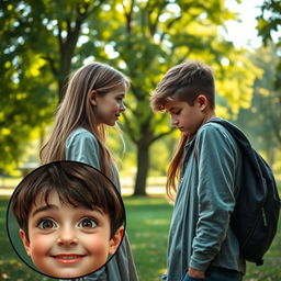 A scene depicting a girl and a boy emotionally separating from each other, showcasing their expressions of sadness and longing, framed in a vertical format