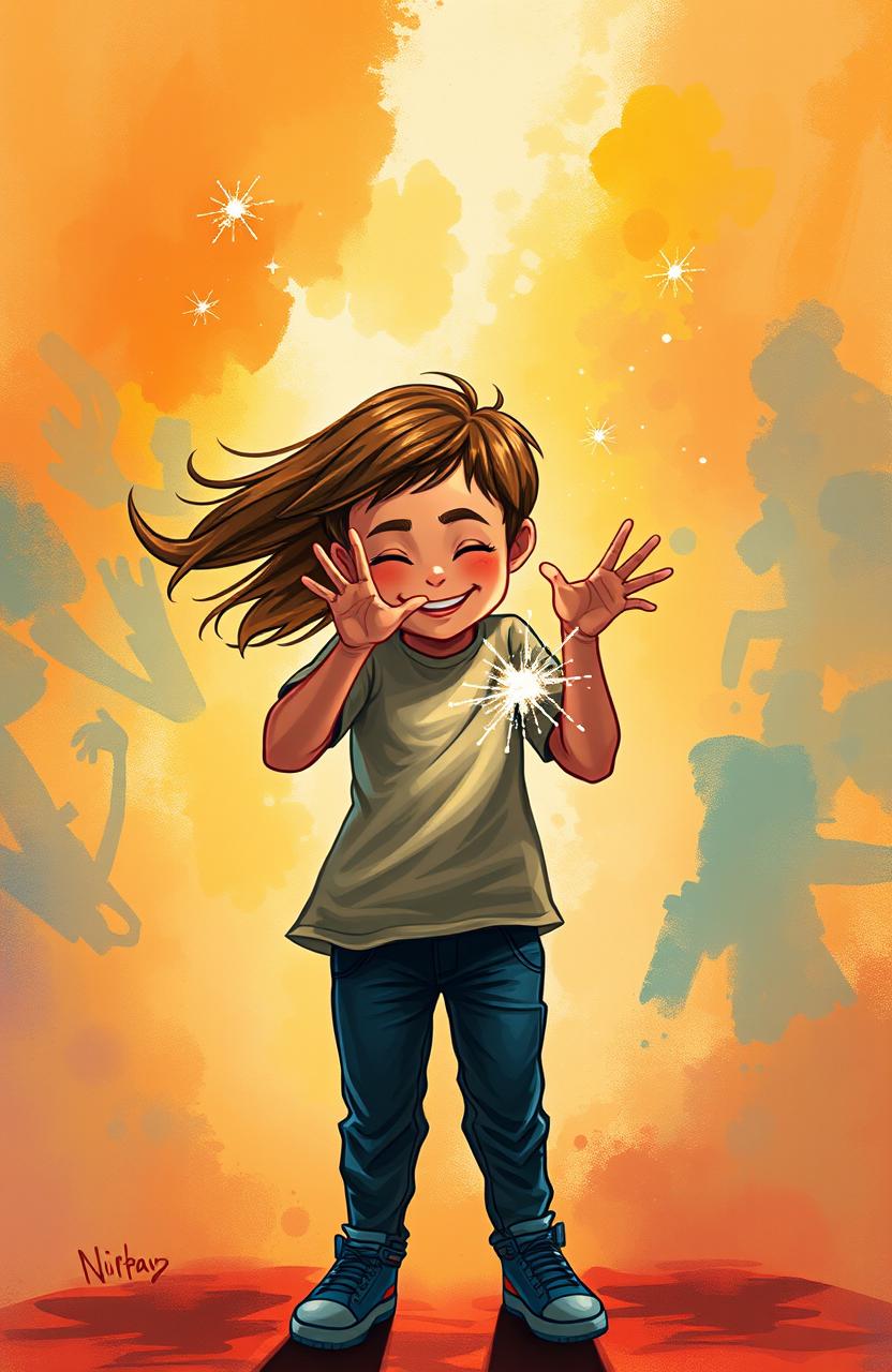 A vibrant and emotionally charged cover art scene featuring a joyful girl radiating happiness, with playful sparkles of joy swirling from her hands