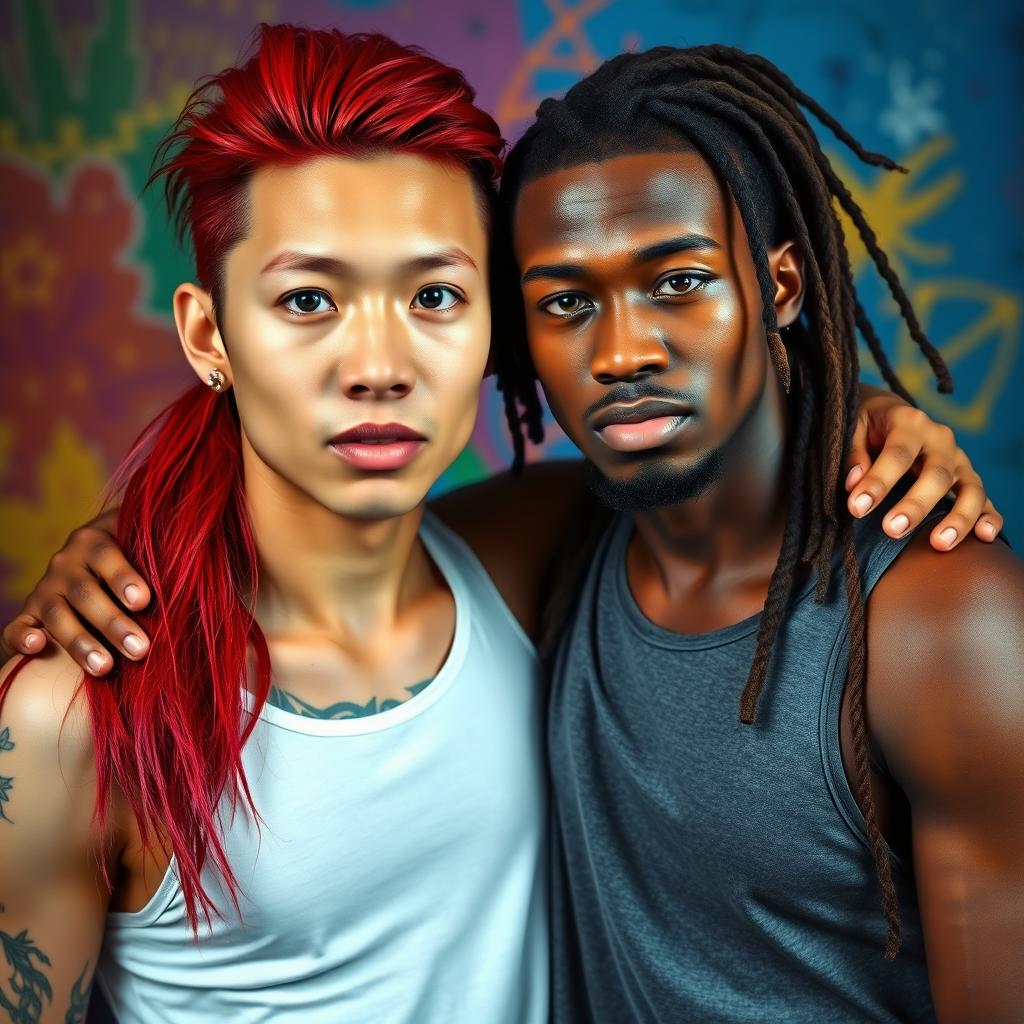 A striking portrait featuring a young Chinese man in his twenties with long red hair styled in a mullet