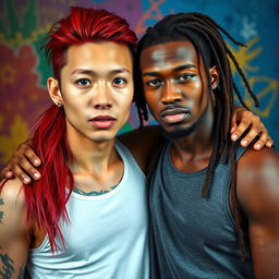 A striking portrait featuring a young Chinese man in his twenties with long red hair styled in a mullet