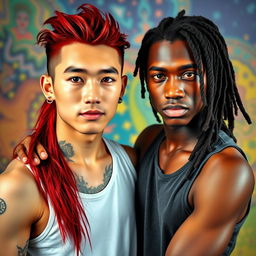 A striking portrait featuring a young Chinese man in his twenties with long red hair styled in a mullet