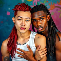 A striking portrait featuring a young Chinese man in his twenties with long red hair styled in a mullet