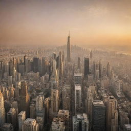 Sprawling metropolis shrouded in golden sunset hues, with skyscrapers reaching to the sky, streets bustling with life and parks dotting the landscape