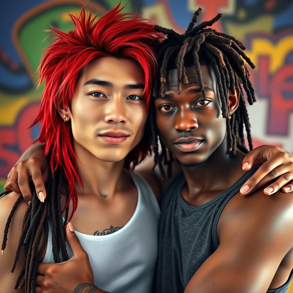 A captivating portrait of a young Chinese man in his twenties, featuring long red mullet-style hair