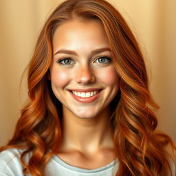 A cheerful portrait of a young woman in her twenties, smiling warmly