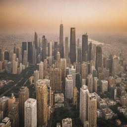 Sprawling metropolis shrouded in golden sunset hues, with skyscrapers reaching to the sky, streets bustling with life and parks dotting the landscape