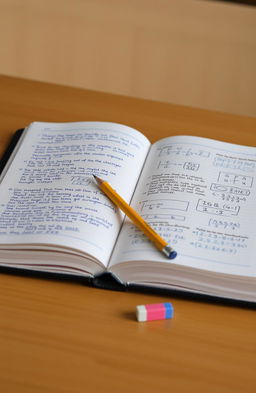 An open exercise book on a wooden desk, the pages filled with neatly written notes and diagrams in blue and black ink