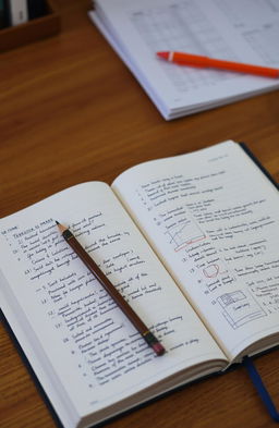 An open exercise book on a wooden desk, the pages filled with neatly written notes and diagrams in blue and black ink