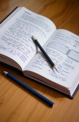 An open exercise book on a wooden desk, the pages filled with neatly written notes and diagrams in blue and black ink