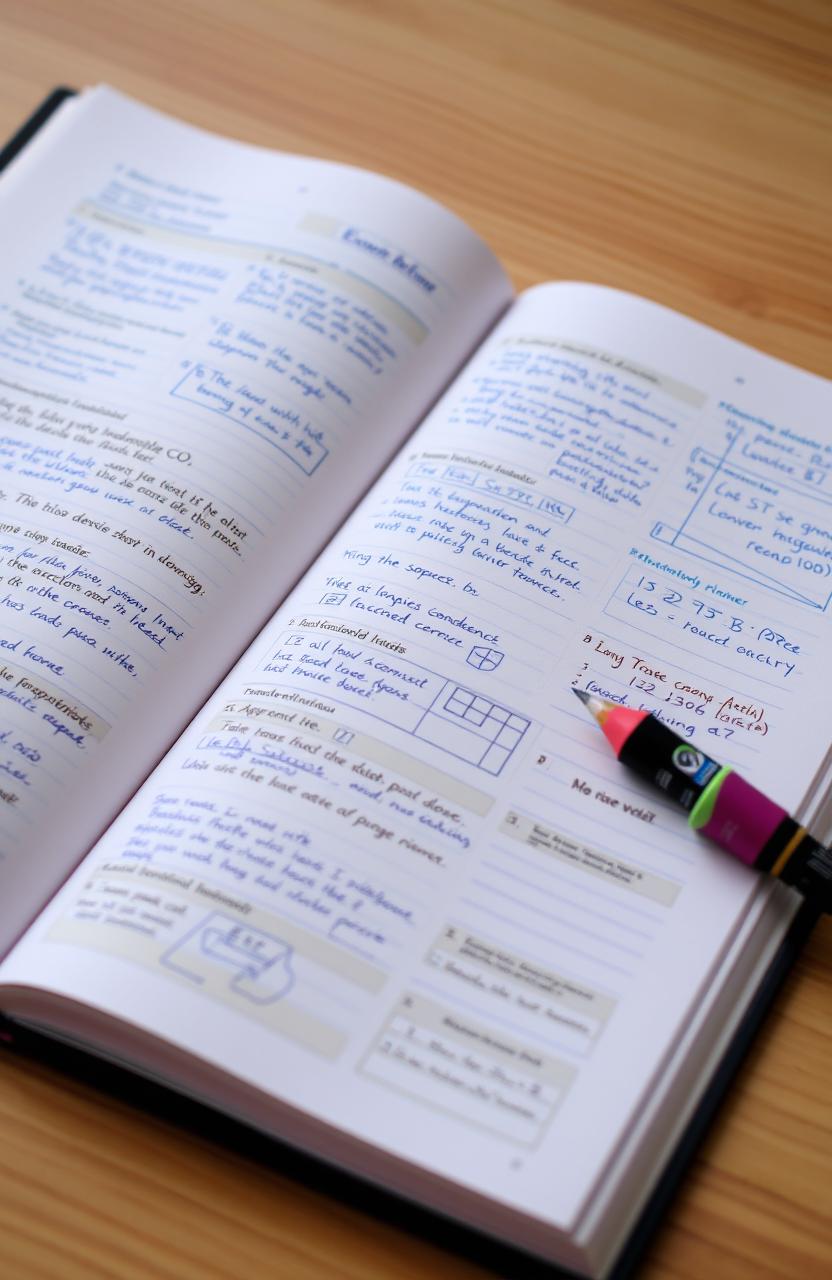 An open exercise book on a wooden desk, the pages filled with neatly written notes and diagrams in blue and black ink