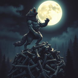 A fierce werewolf standing triumphantly on a mountain of bones, howling at a full moon that illuminates the night sky