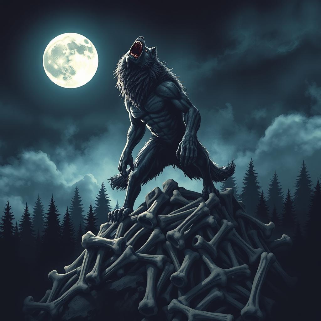 A fierce werewolf standing triumphantly on a mountain of bones, howling at a full moon that illuminates the night sky