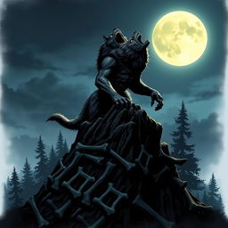 A fierce werewolf standing triumphantly on a mountain of bones, howling at a full moon that illuminates the night sky