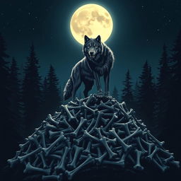 A majestic wolf standing proudly atop a mountain of bones, silhouetted by a luminous full moon in the night sky