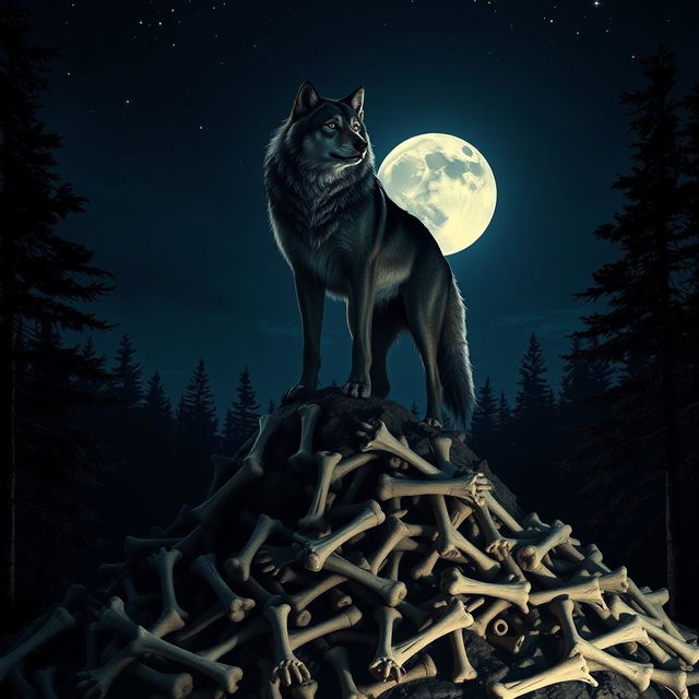 A majestic wolf standing proudly atop a mountain of bones, silhouetted by a luminous full moon in the night sky