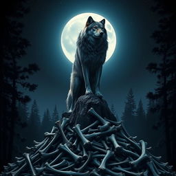 A majestic wolf standing proudly atop a mountain of bones, silhouetted by a luminous full moon in the night sky