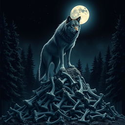 A majestic wolf standing proudly atop a mountain of bones, silhouetted by a luminous full moon in the night sky