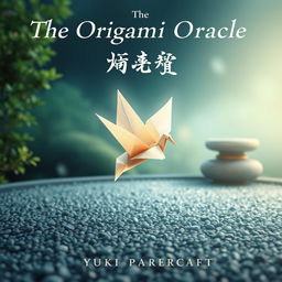 A captivating book cover design for 'The Origami Oracle' by Yuki Papercraft, featuring a mystical eastern fantasy theme