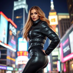 A beautiful woman wearing a tight, shiny black puffer outfit that hugs her curves, showcasing a stylish and modern look