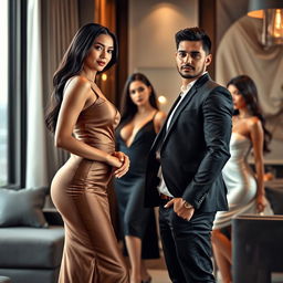 A wealthy Indonesian woman with a slim figure and pronounced curves, elegantly dressed, stands confidently beside her handsome, muscular young boyfriend who is casually dressed