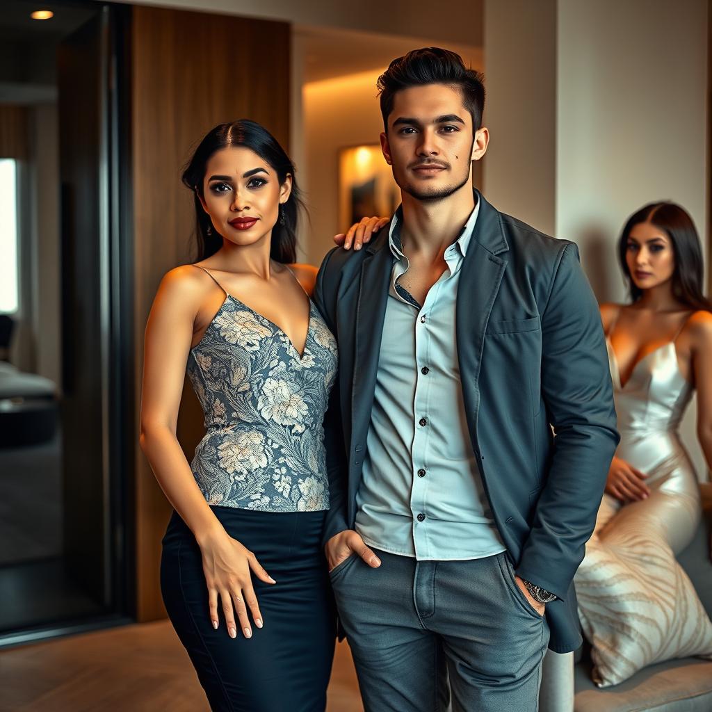 A wealthy Indonesian woman with a slim figure and pronounced curves, elegantly dressed, stands confidently beside her handsome, muscular young boyfriend who is casually dressed