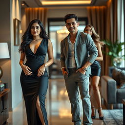 A wealthy Indonesian woman with a slim figure and pronounced curves, elegantly dressed, stands confidently beside her handsome, muscular young boyfriend who is casually dressed