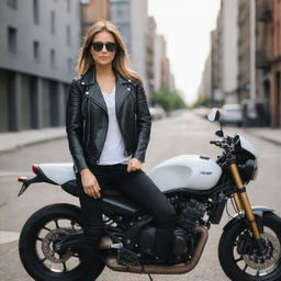 A charming, miniature girl dressed in black leather jeans, a white t-shirt and a black leather jacket. She's sporting black sunglasses while casually leaning against a sleek sports bike, set against the urban backdrop of a city.