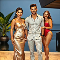 A wealthy Indonesian woman with an hourglass figure and prominent curves, dressed in elegant luxury attire, standing confidently with a charming young muscular man beside her