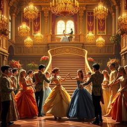 A grand and enchanting scene of a royal ball in a magnificent castle