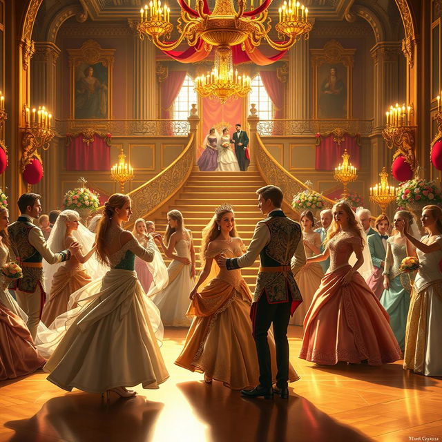 A grand and enchanting scene of a royal ball in a magnificent castle