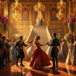 A grand and enchanting scene of a royal ball in a magnificent castle