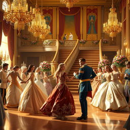 A grand and enchanting scene of a royal ball in a magnificent castle