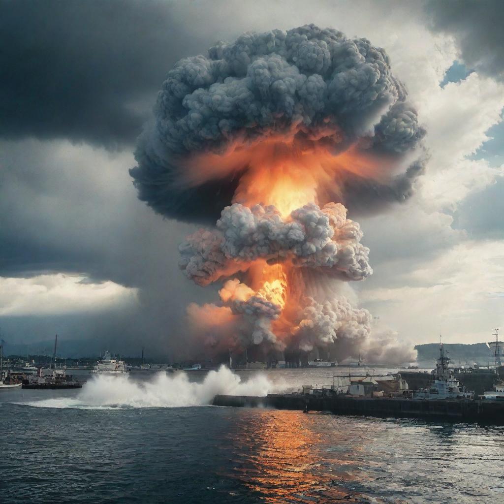 A dramatic scene at a bustling harbor with a blinding flash followed by a gigantic mushroom cloud, emitting a powerful shockwave disrupting the calm water and surroundings, reflecting a nuclear explosion.