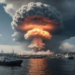 A dramatic scene at a bustling harbor with a blinding flash followed by a gigantic mushroom cloud, emitting a powerful shockwave disrupting the calm water and surroundings, reflecting a nuclear explosion.