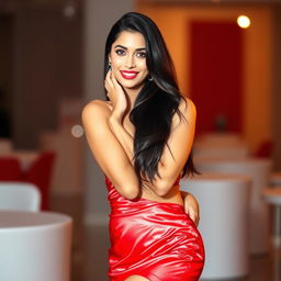 Anuja, a stylish woman, is wearing a fabulous red satin mini-skirt that shimmers under soft lighting, accentuating her curves