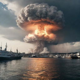 A dramatic scene at a bustling harbor with a blinding flash followed by a gigantic mushroom cloud, emitting a powerful shockwave disrupting the calm water and surroundings, reflecting a nuclear explosion.