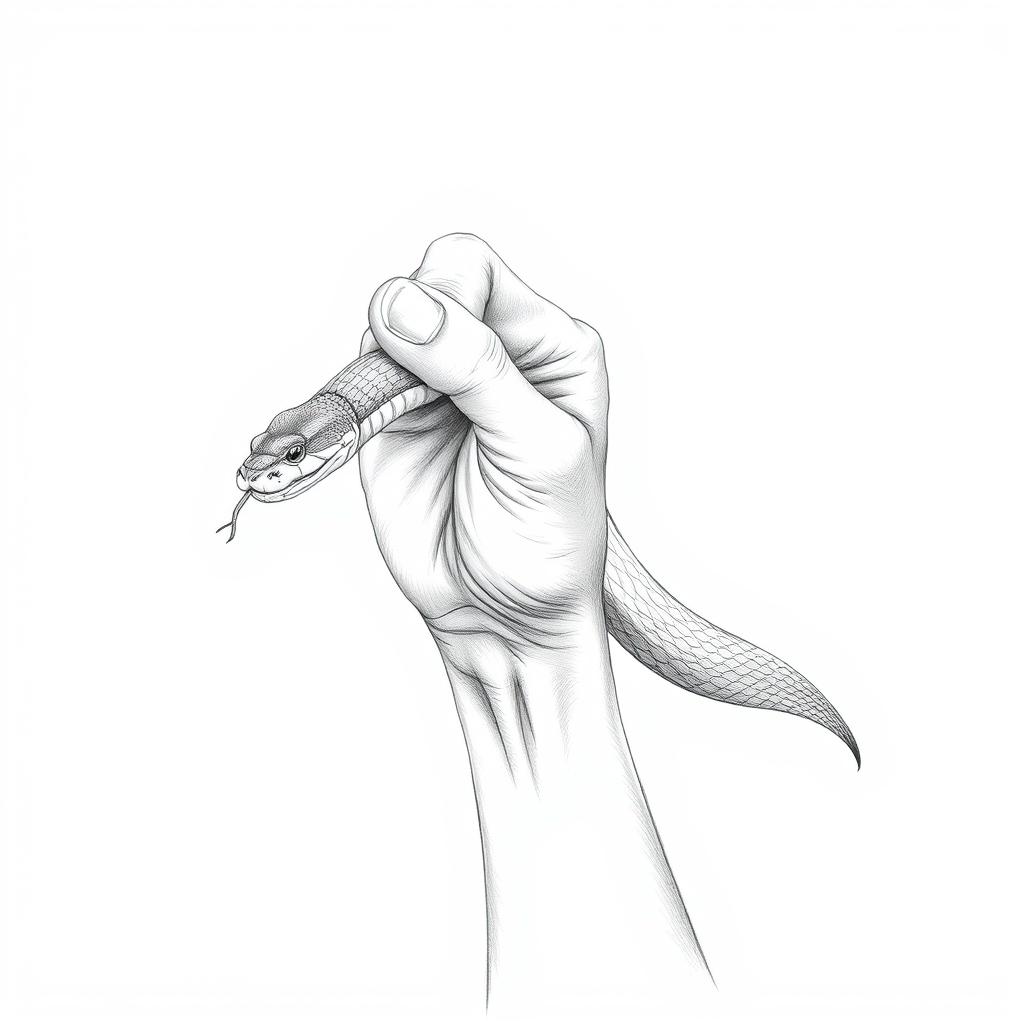 A hand-drawn illustration in a coloring pencil style depicting a bare hand catching a snake by its tail using the thumb and index finger