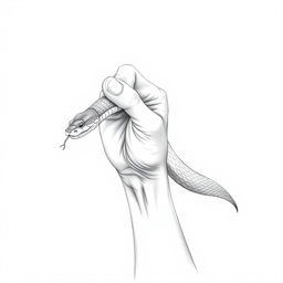 A hand-drawn illustration in a coloring pencil style depicting a bare hand catching a snake by its tail using the thumb and index finger