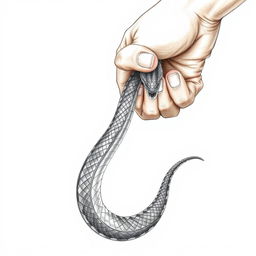 A hand-drawn illustration in a coloring pencil style depicting a bare hand catching a snake by its tail using the thumb and index finger