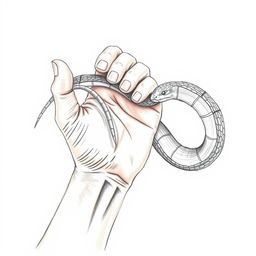 A hand-drawn illustration in a coloring pencil style depicting a bare hand catching a snake by its tail using the thumb and index finger