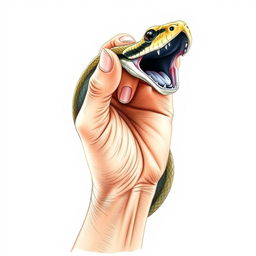 A hand-drawn illustration in a coloring pencil style depicting a bare hand catching a snake by its tail using the thumb and index finger