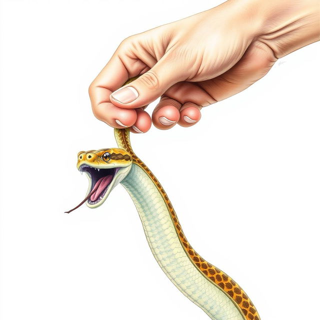 A hand-drawn illustration in a coloring pencil style depicting a bare hand catching a snake by its tail using the thumb and index finger