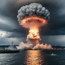 A dramatic scene at a bustling harbor with a blinding flash followed by a gigantic mushroom cloud, emitting a powerful shockwave disrupting the calm water and surroundings, reflecting a nuclear explosion.