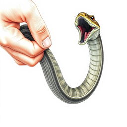 A hand-drawn illustration in a coloring pencil style depicting a bare hand catching a snake by its tail using the thumb and index finger